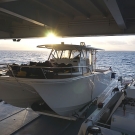 The dive boat Calcutta parked on its trolly on the aft deck of the Shadow.